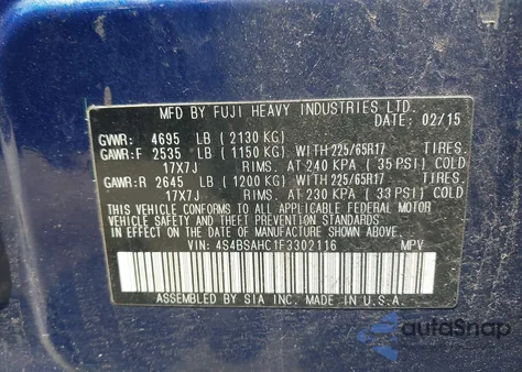 2015 Subaru Outback 2.5I Premium from USA, damaged, VIN 4S4BSAHC1F3302116